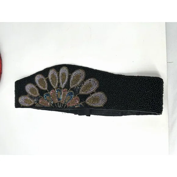 Vintage 1980's Black Multi Colored Hand Beaded Belt Snap Closure 29 black base - Picture 3 of 4